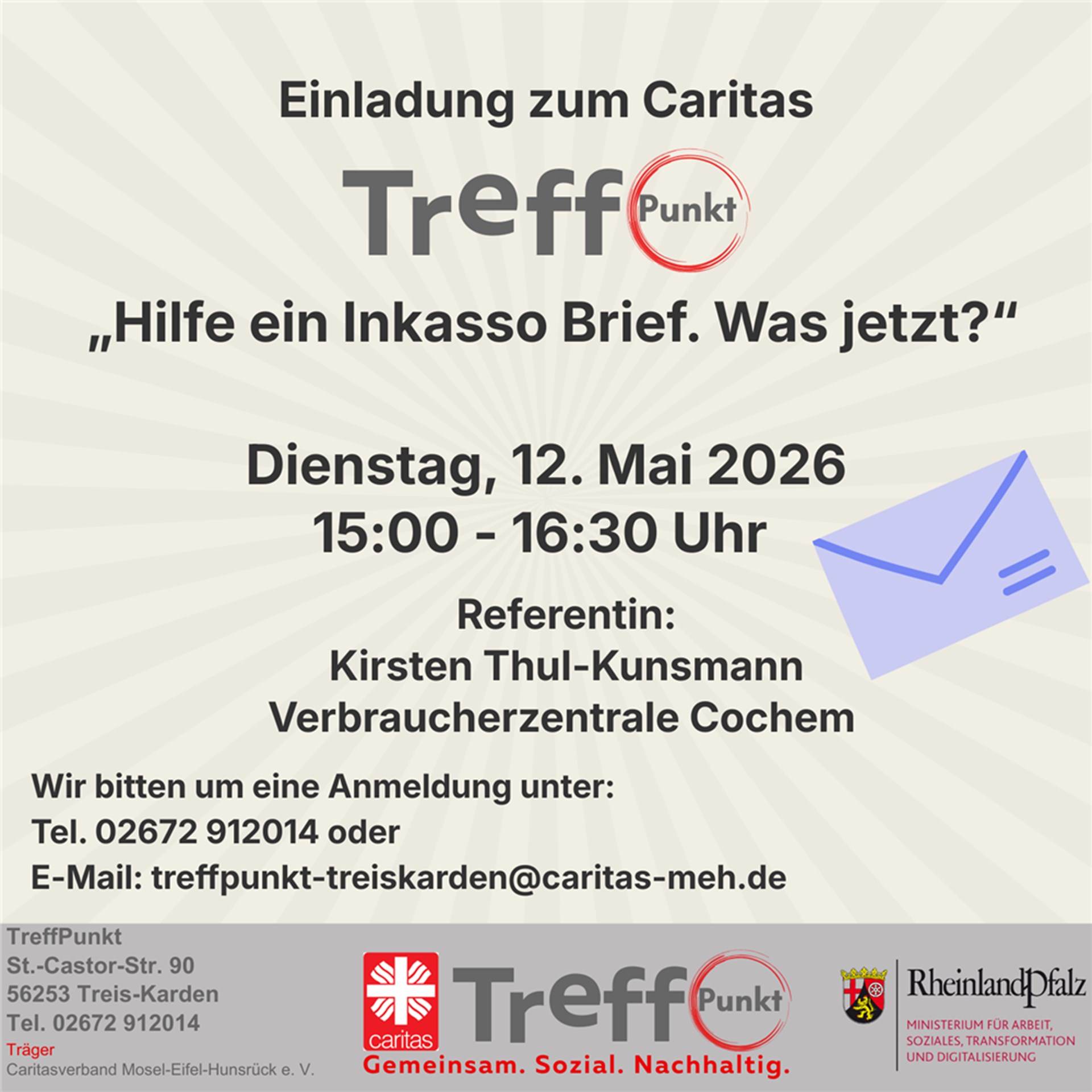 Grafik für einen Vortrag im TreffPunkt Treis-Karden zum Thema Inkasso. Blauer Briefumschlag.