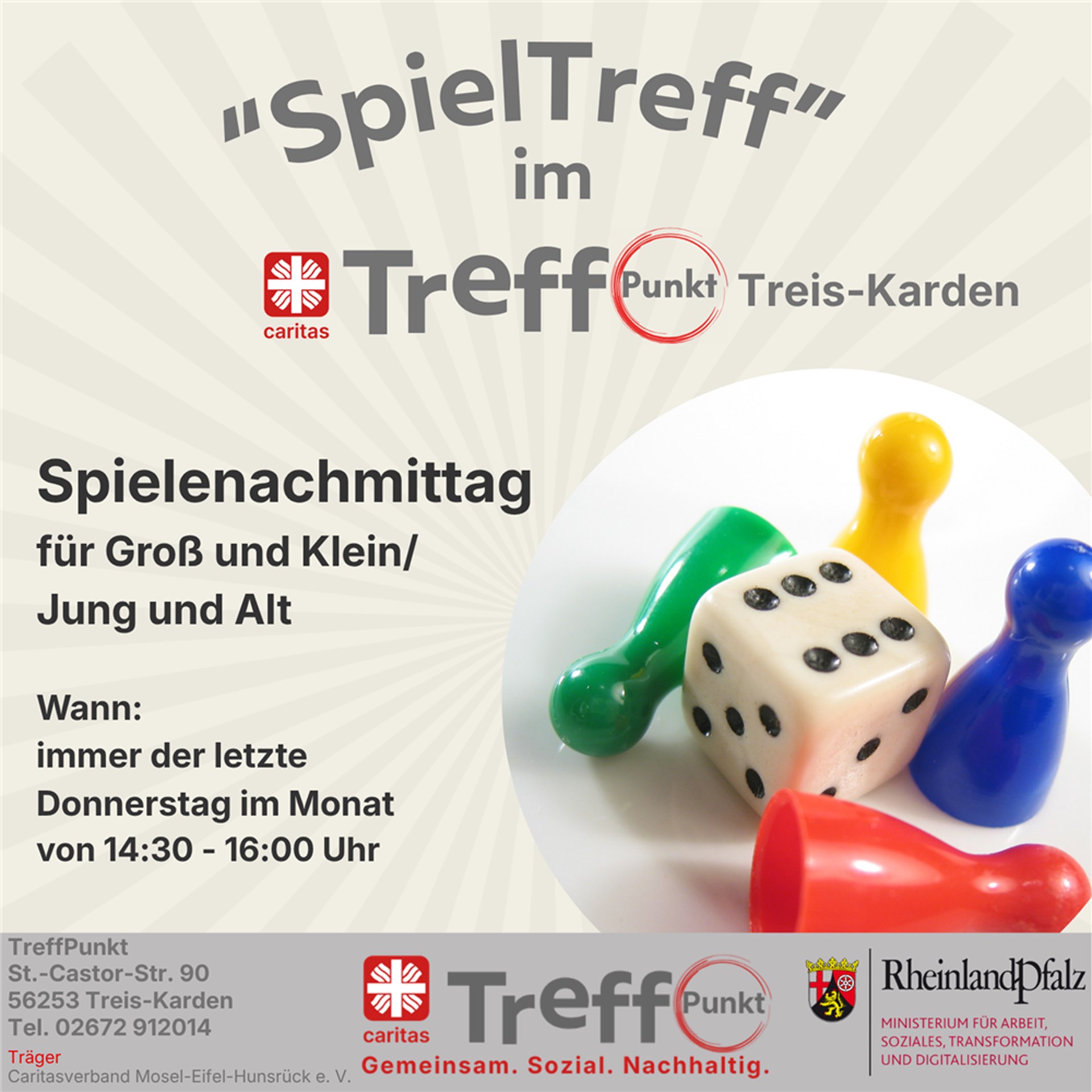 Bunte Spielfiguren und ein Würfel der die "Sechs" anzeigt.
