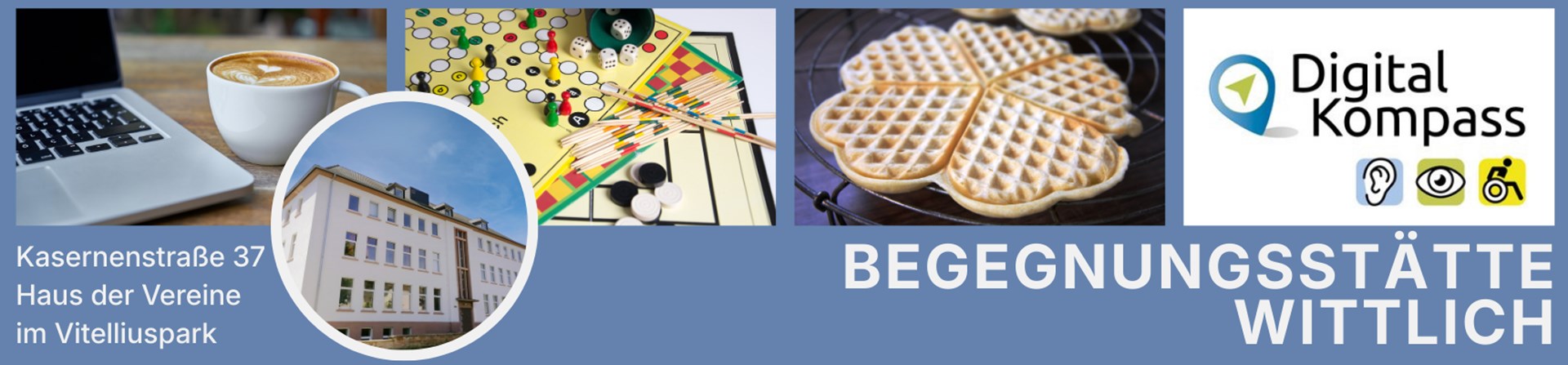 Collage zeigt das Gebäude der Begegnungsstätte Wittlich, ein Spielbrett mit Figuren und ein Waffeleisen. 