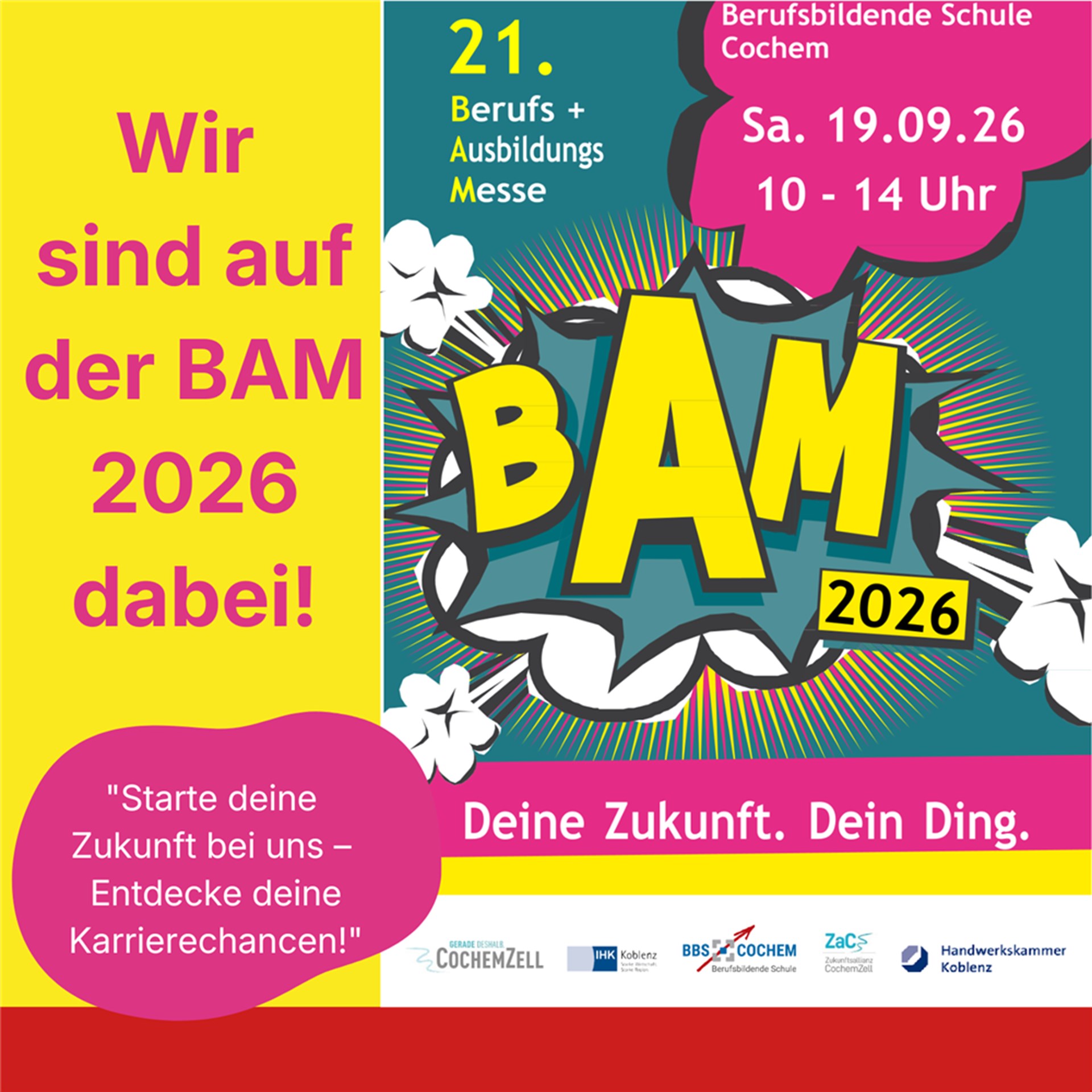 Save the Date Mitteilung für die Ausbildungsmesse BAM in der BBS Cochem am 19.09.2026.