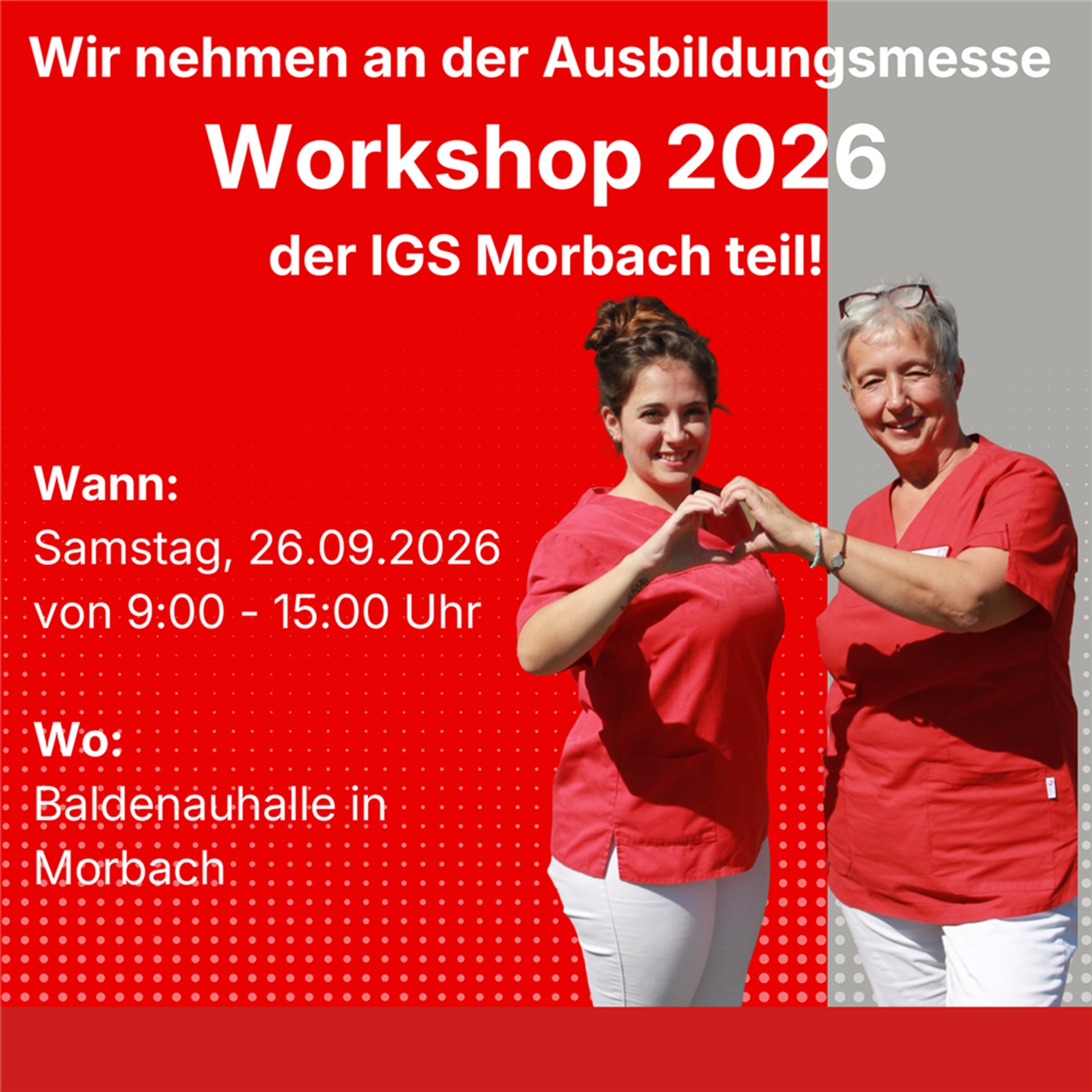 Save the date für die Ausbildungsmesse in Morbach am 26.09.2026. Zwei weibliche Pflegekräfte.