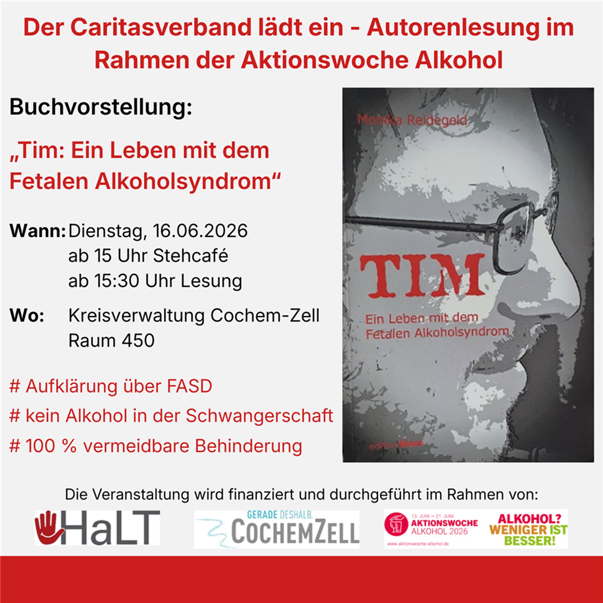 Der Caritasverband lädt ein - Autorenlesung im Rahmen der
Aktionswoche Alkohol. Wann: Dienstag, 16.06.2026 ab 15:00 Uhr Stehcafé, Lesung ab 15:30 Uhr, Wo: Kreisverwaltung Cochem-Zell, Raum 450, Buchcover: männlicher Kopf.