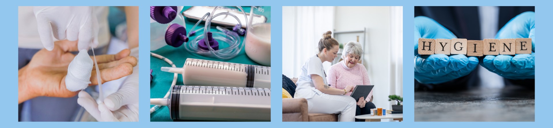 Collage mit medizinischem Equipment und Pflegekraft mit Patientin.