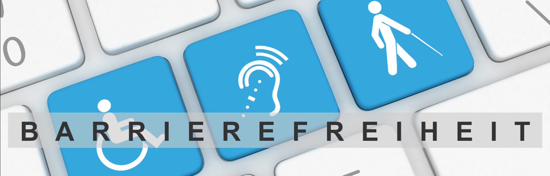Tastatur Computer mit Symbolen für Barrierefreiheit (Rollstuhl, Taubheit, Blindheit)