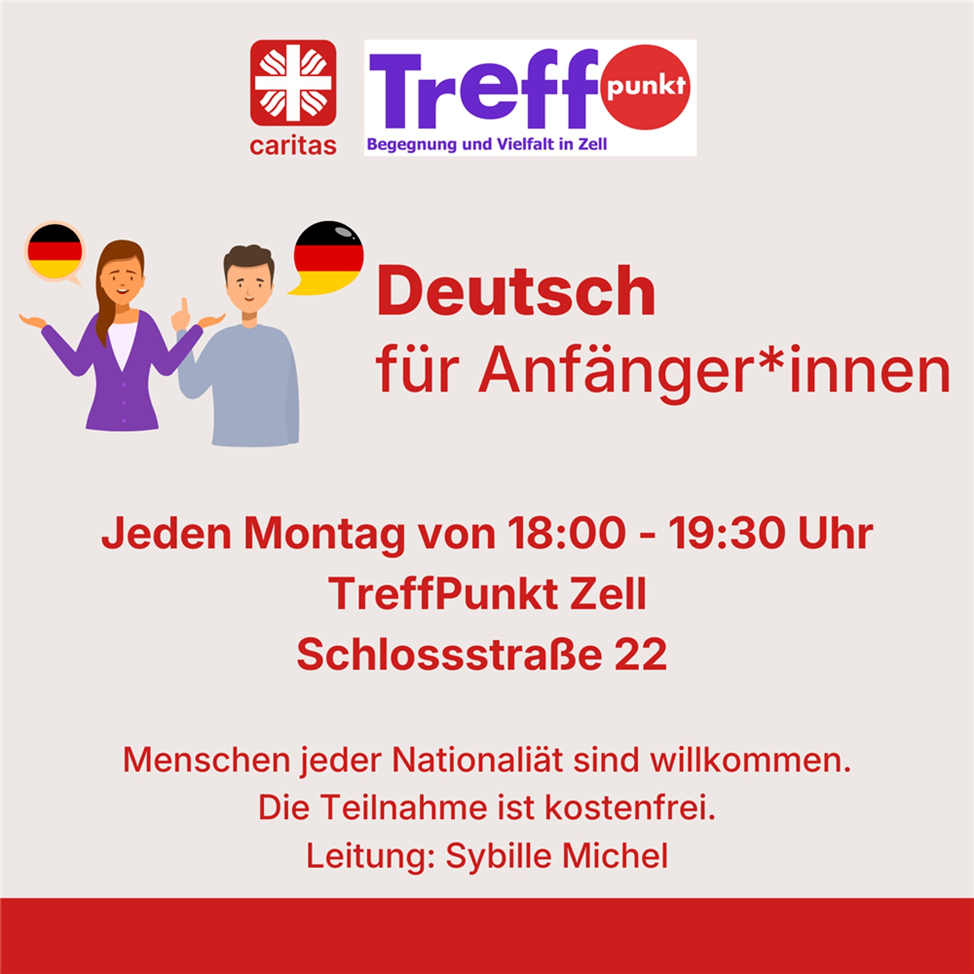 Grafik Frau und Mann, sprechen Deutsch; deutsche Flagge in der Sprechblase. Deutschkurs für Anfänger*innen im TreffPunkt in Zell, jeden Montag von 18 - 19:30 Uhr. Teilnahme kostenlos.