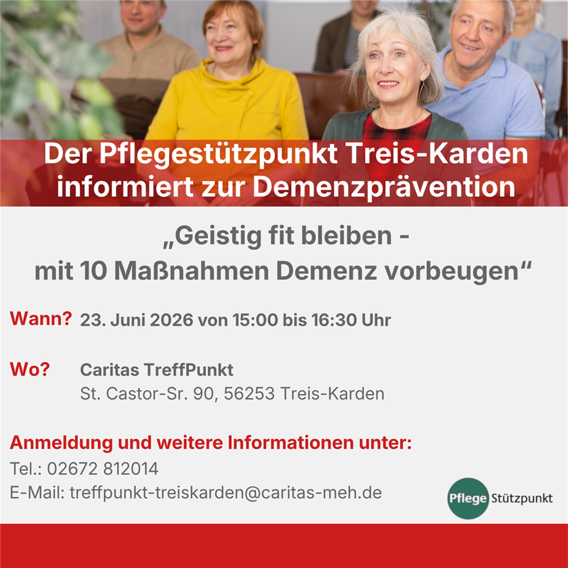 Mehrere Personen hören bei einem Vortrag zur Demenzprävention zu. Pflegestützpunkt Treis-Karden informiert dazu am 23. Juni im TreffPunkt in Treis-Karden.