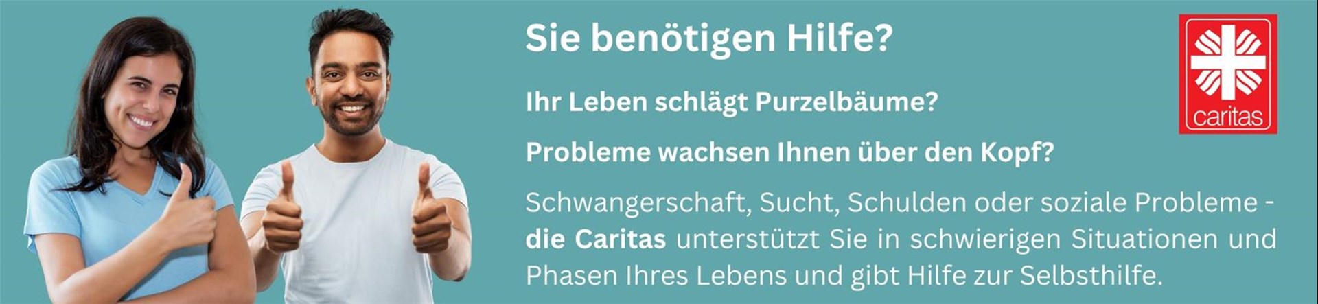 Mann und Frau zeigen Daumen hoch. Header Beratung und Hilfe