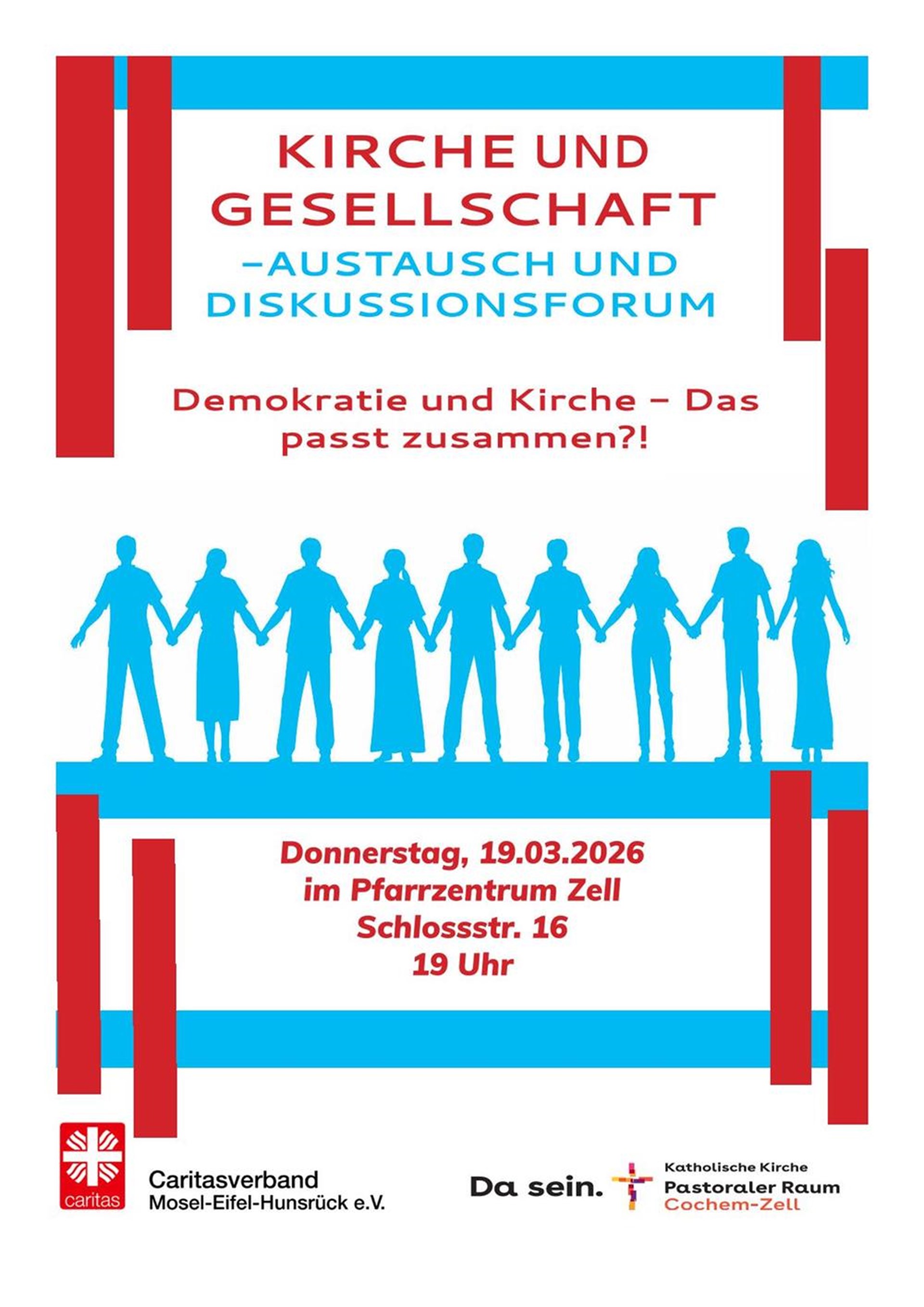 Plakat Kirche und Gesellschaft in den Farben rot und blau. Es wird auf einen Termin zum Thema Demokratie und Kirche - Das passt zusammen?! hingewiesen. Die Veranstaltung ist am Donnerstag, 19.03.2026 um 19 Uhr im Pfarrzentrum Zell, Schlossstraße 16. 
