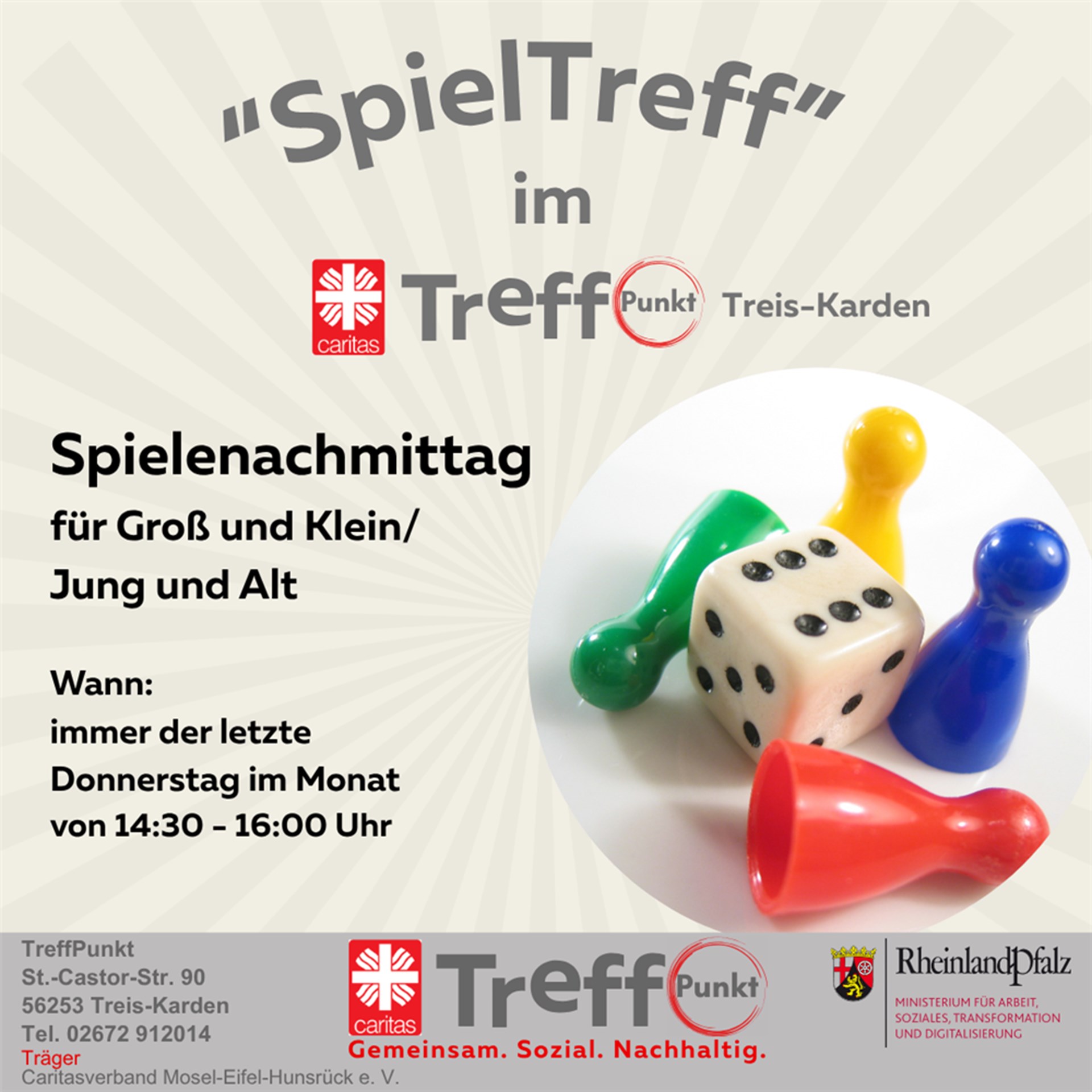 Grafik des TreffPunkt Treis-Karden. Bekanntmachung für den Spielenachmittag immer am letzten Donnerstag im Monat von 14:30 - 16:00 Uhr. Abgebildet sind Spielfiguren und ein Würfel. 