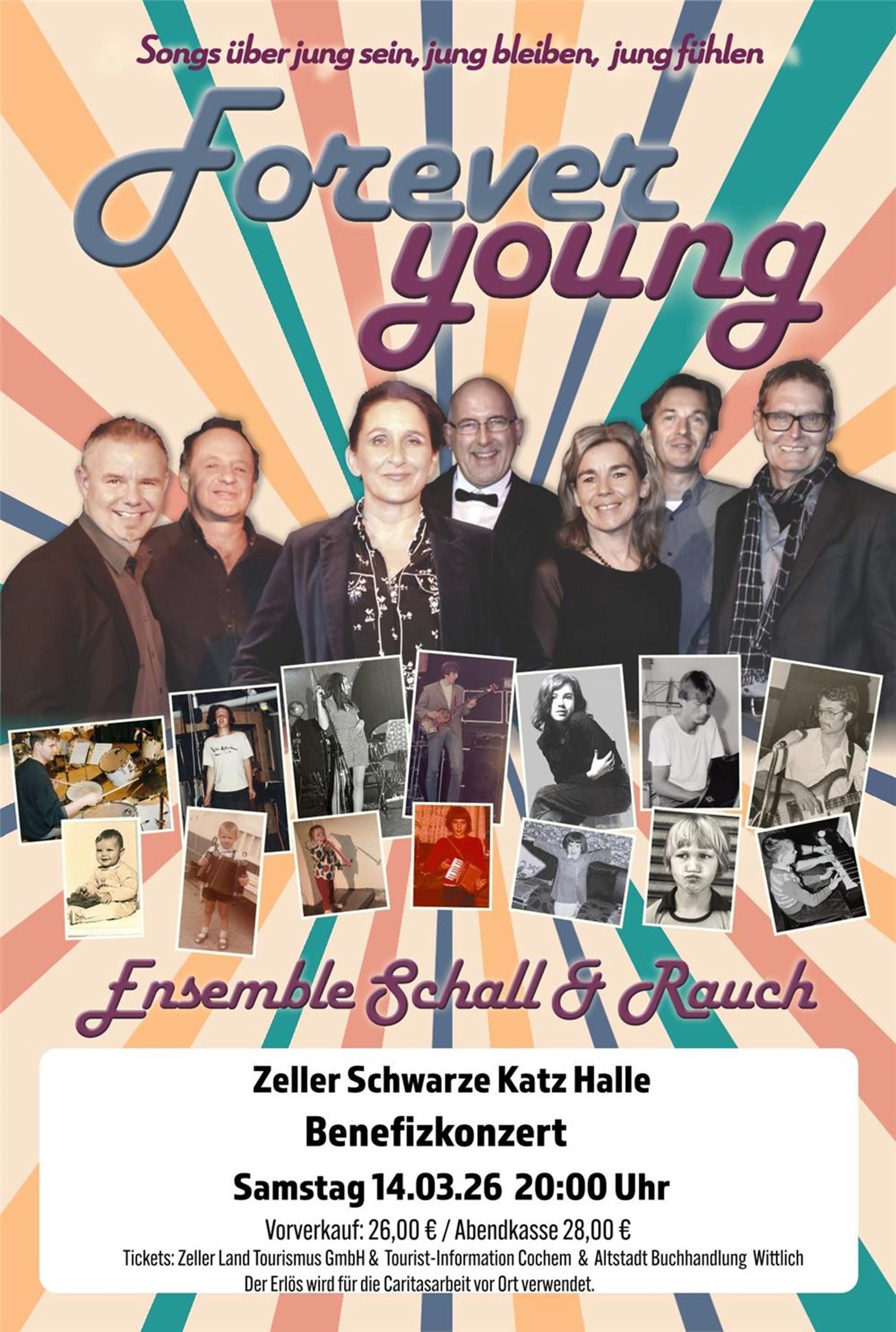 Plakat mit Fotos der Musiker der Band Schall und Rauch für ein Benefizkonzert in der Zeller Schwarze Katz Halle am 14.03.2026 um 20 Uhr.  