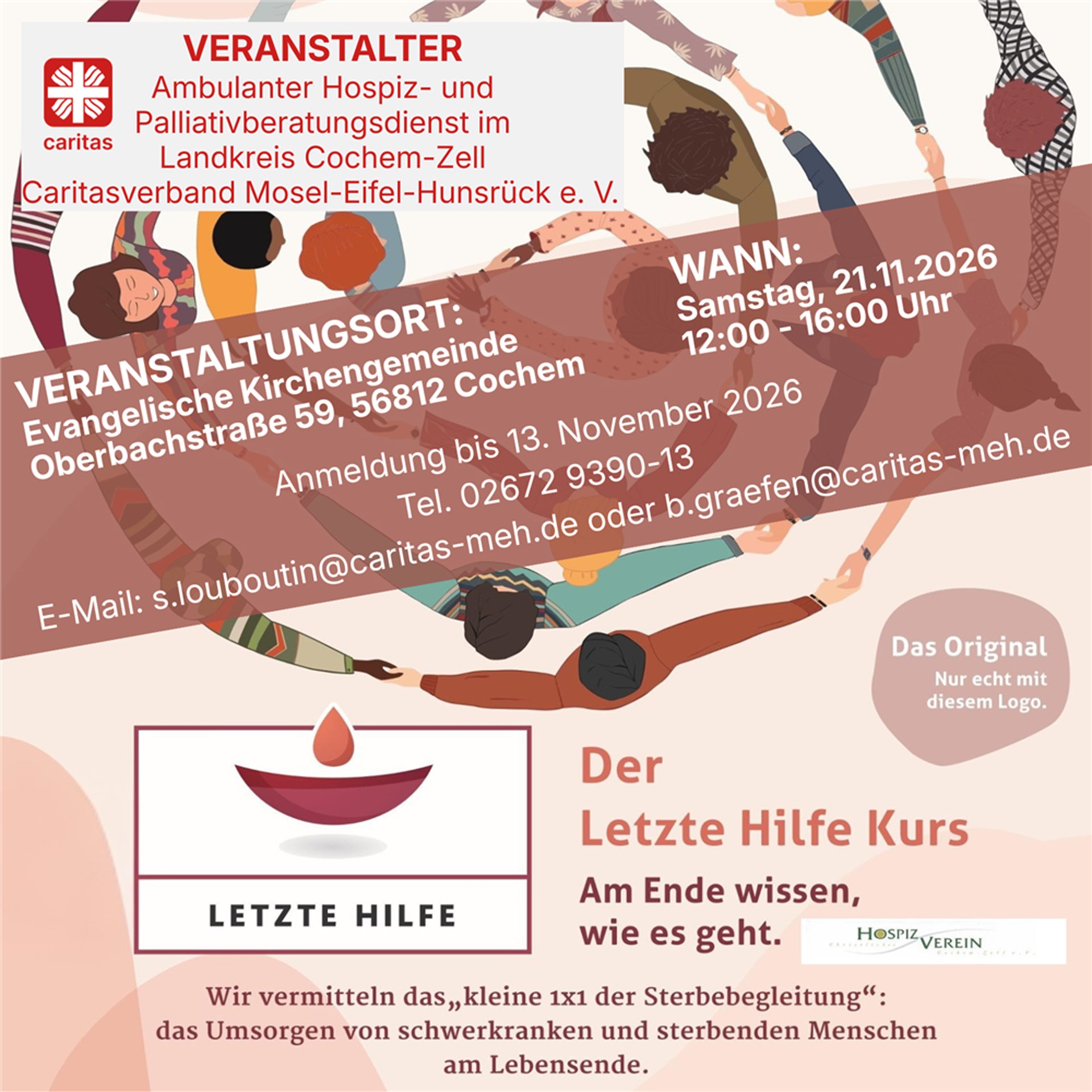 Grafik für eine Veranstaltung des Ambulanten Hospiz- und Palliativberatungsdienst, der letzte Hilfe Kurs am 21. November 2026.