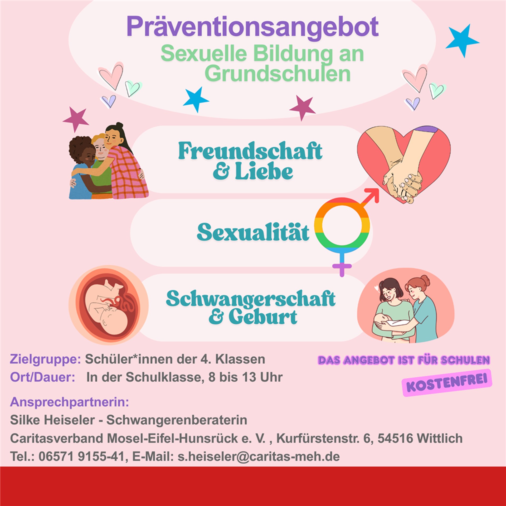 Grafik mit Symbolen zu Schwangerschaft, Liebe, Sexualität zum Präventionsangebot sexuelle Bildung an Grundschulen.
